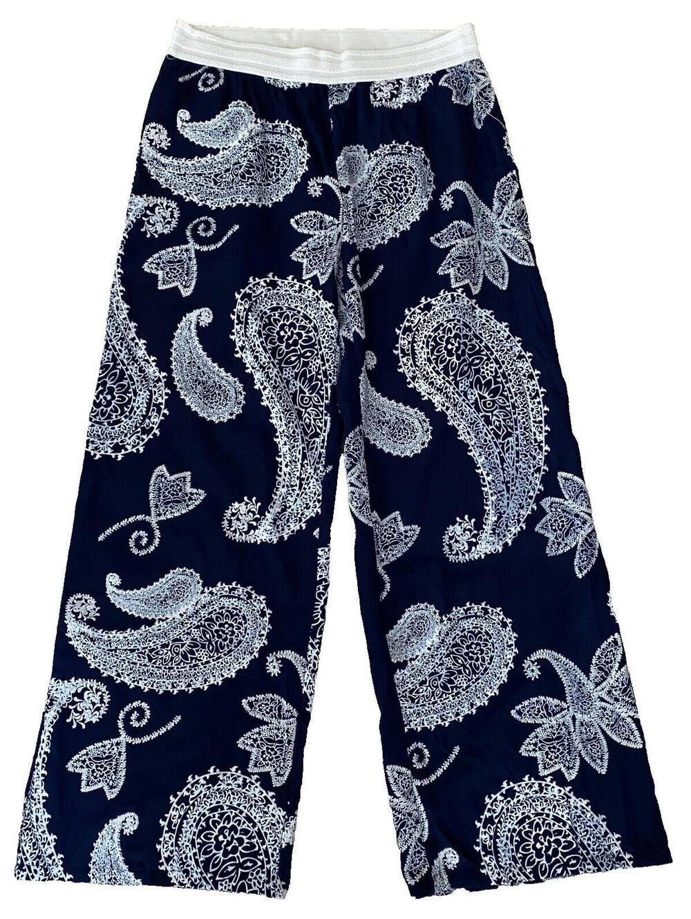 NWT Metro Wear Navy Blue White Paisley Print Lightweight Wide Leg Pants L